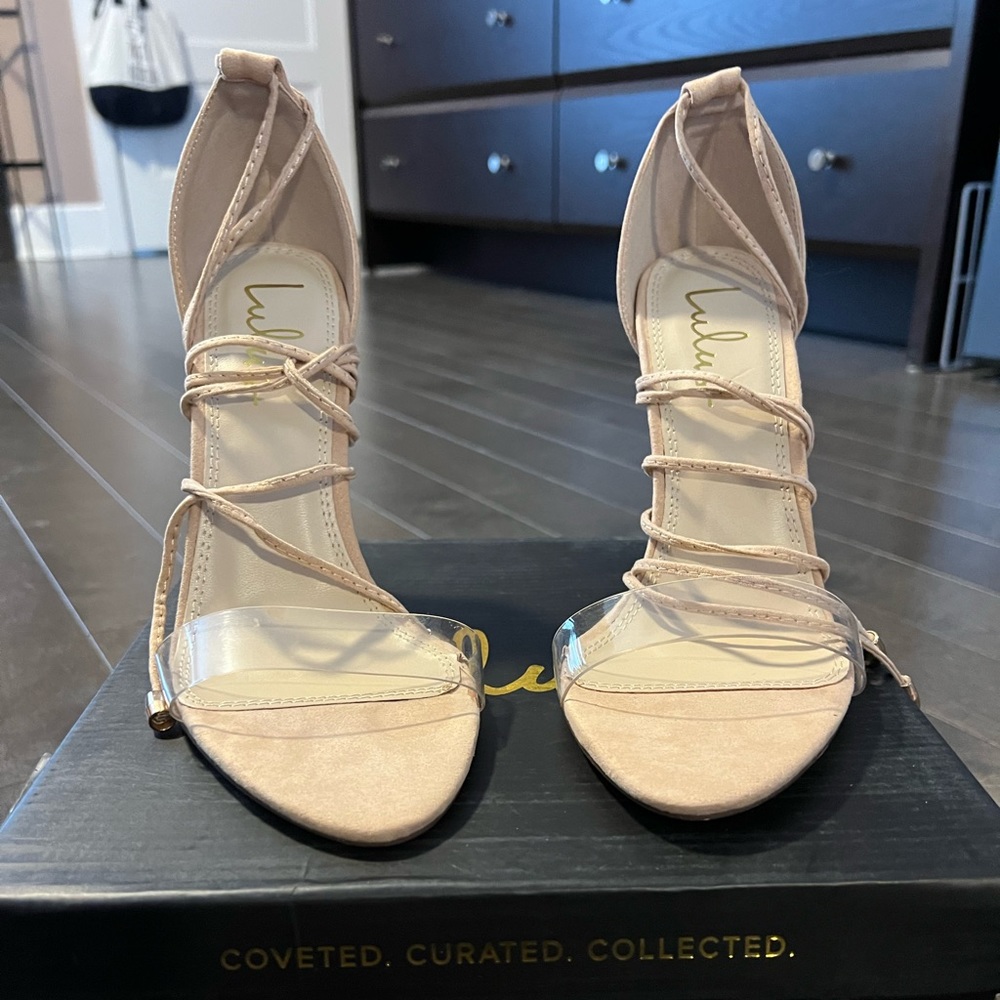 Lulus Nude wrap sandals.